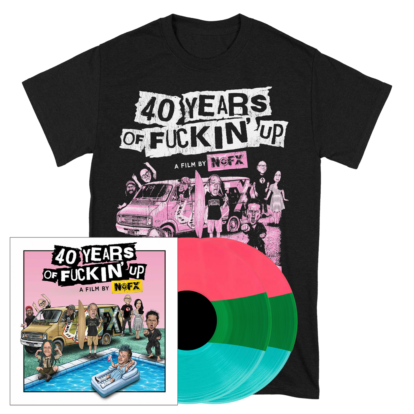 NOFX / Fat Mike (40 Years of Fuckin' Up: Soundtrack + Score) 2xPink/Green/Blue Stripe Vinyl Bundle