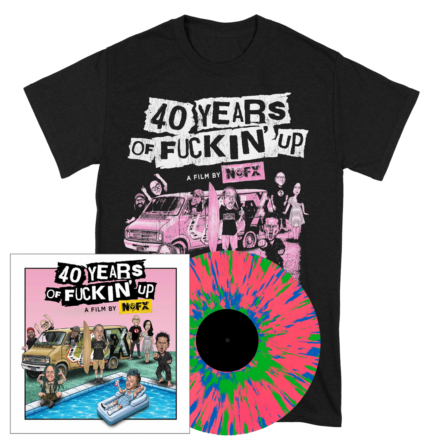 NOFX (40 Years of Fuckin' Up: Soundtrack) Pink w/ Green & Blue Splatter Vinyl Bundle